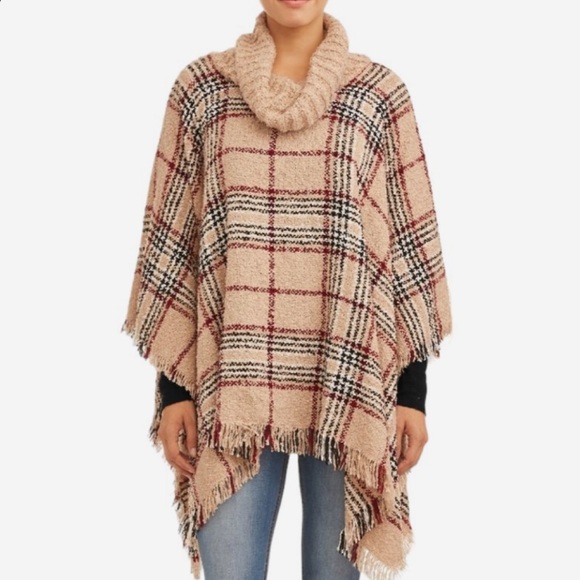 Time and Tru Sweaters - Oversized Plaid Turtleneck Poncho